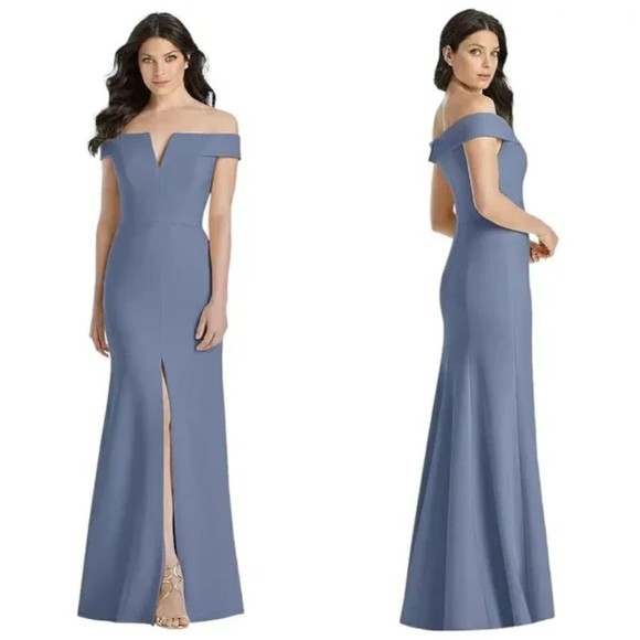 NWT Dessy Notched Off The Shoulder Larkspur Crepe Gown, Size 8 - Picture 1 of 12